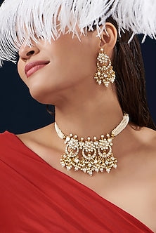 Gold Plated Kundan Polki & Semi-Precious Stone Choker Necklace Set