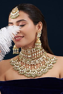 Gold Plated Kundan Polki & Semi-Precious Stone Choker Necklace Set