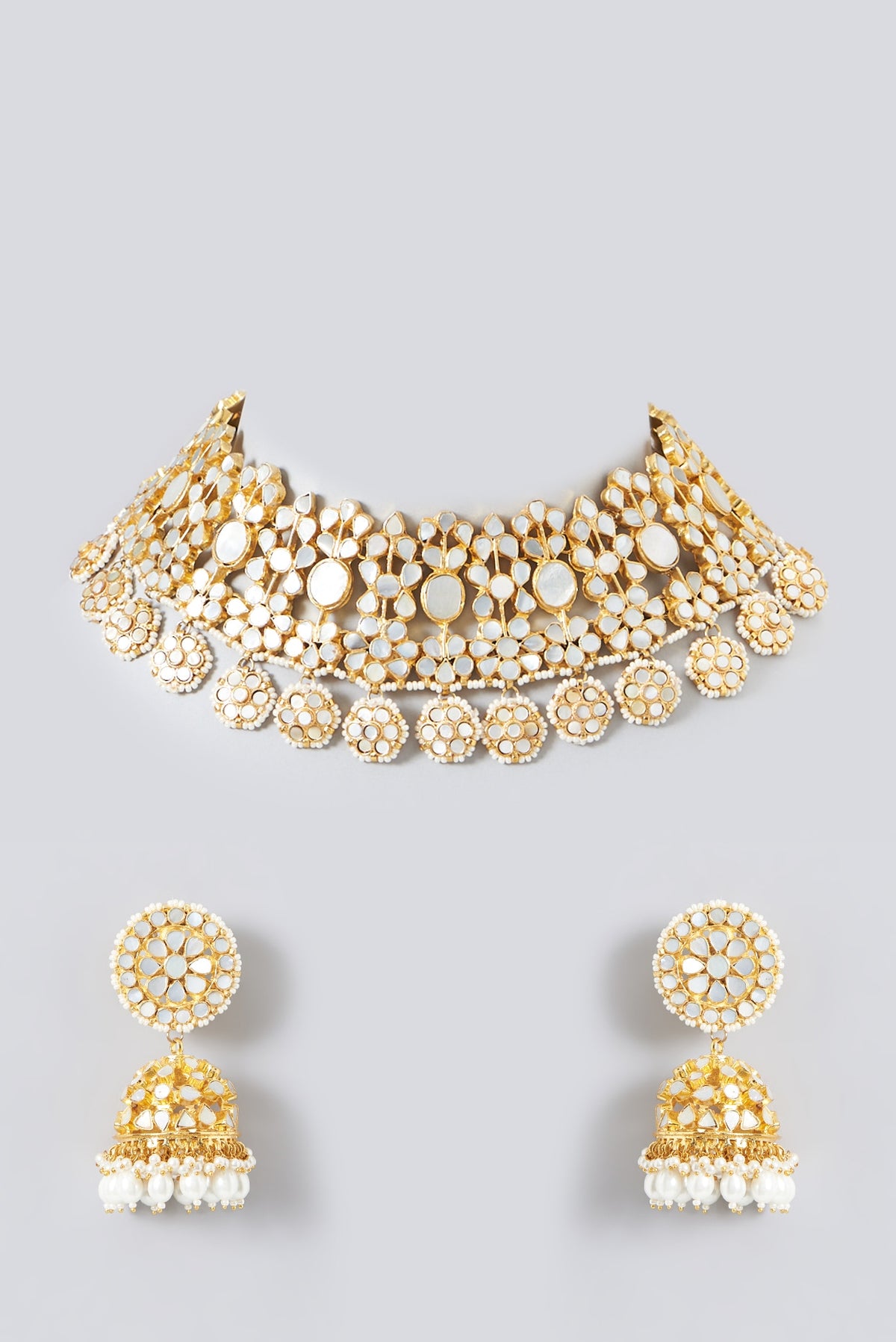 Gold Plated Kundan Polki & Mother Of Pearl Necklace Set