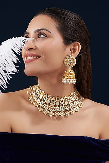 Gold Plated Kundan Polki & Mother Of Pearl Necklace Set