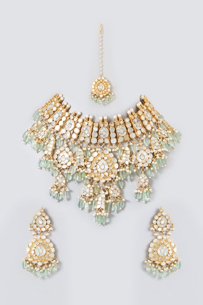 Gold Plated Kundan Polki & Mother Of Pearl Necklace Set