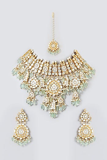 Gold Plated Kundan Polki & Mother Of Pearl Necklace Set