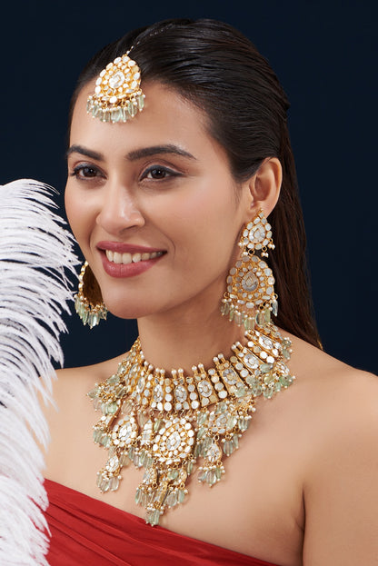 Gold Plated Kundan Polki & Mother Of Pearl Necklace Set