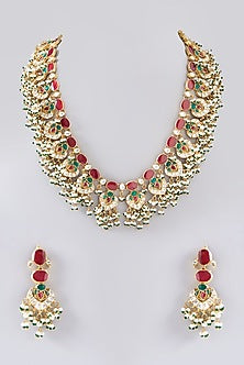 Gold Plated Kundan Polki & Semi-Precious Stone Long Necklace Set