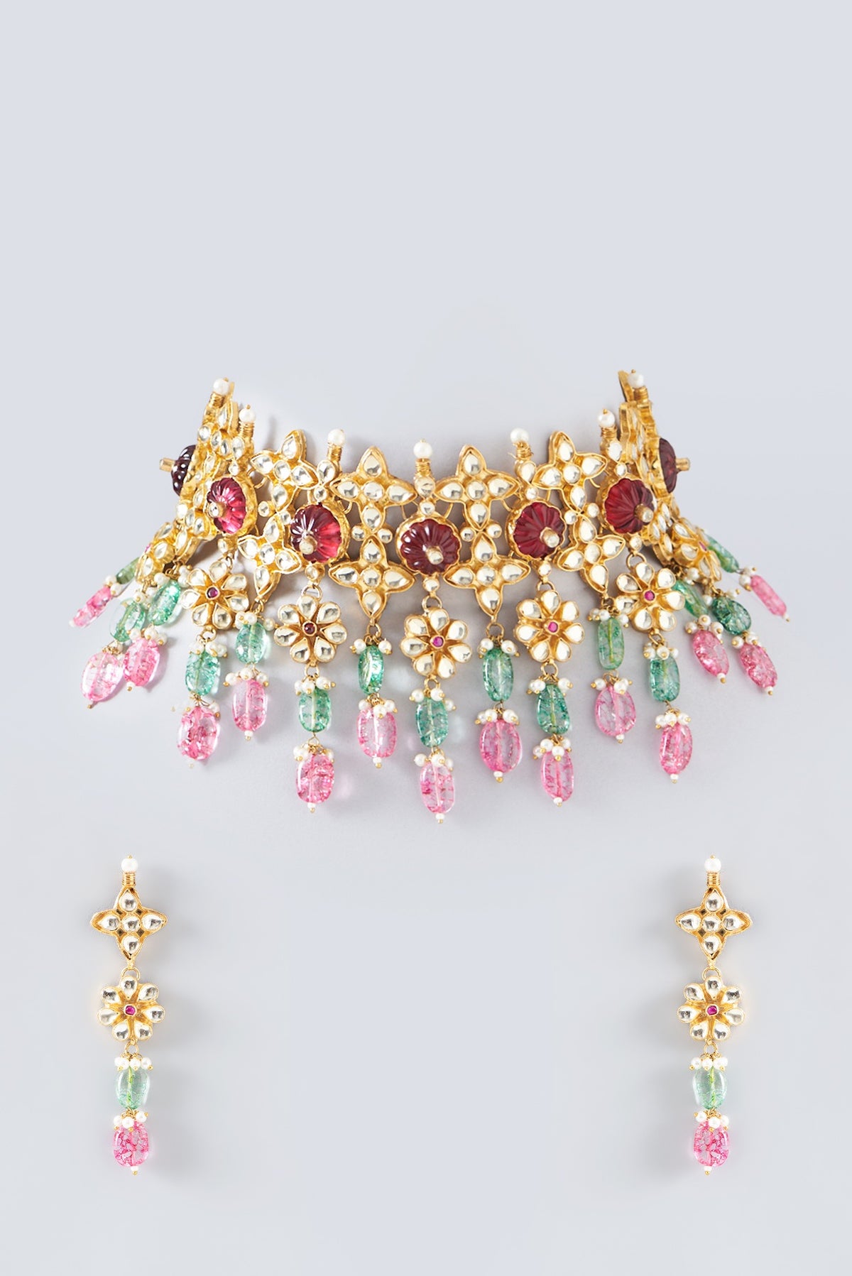 Gold Plated Kundan Polki & Semi-Precious Stone Choker Necklace Set