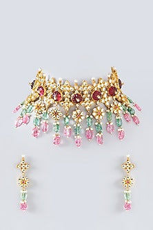 Gold Plated Kundan Polki & Semi-Precious Stone Choker Necklace Set