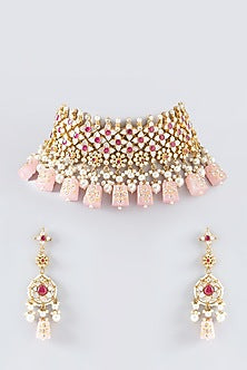 Gold Plated Kundan Polki & Semi-Precious Stone Choker Necklace Set
