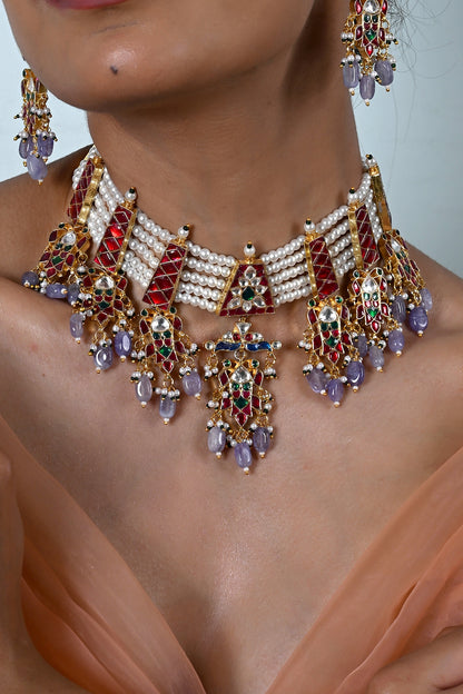 Gold Plated Multi-Colored Kundan Polki Jadau Choker Necklace Set