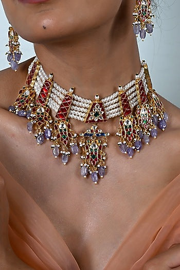 Gold Plated Multi-Colored Kundan Polki Jadau Choker Necklace Set