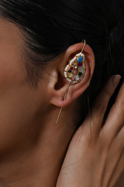 Gold Plated Jadau Kundan Polki Cuff Earrings