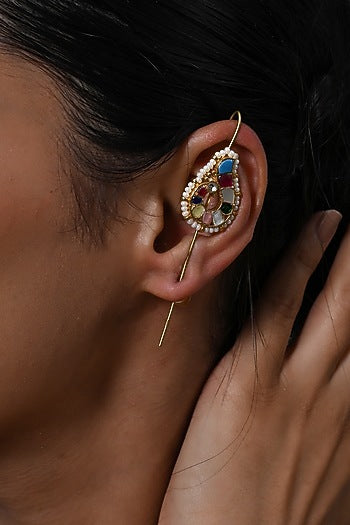 Gold Plated Jadau Kundan Polki Cuff Earrings