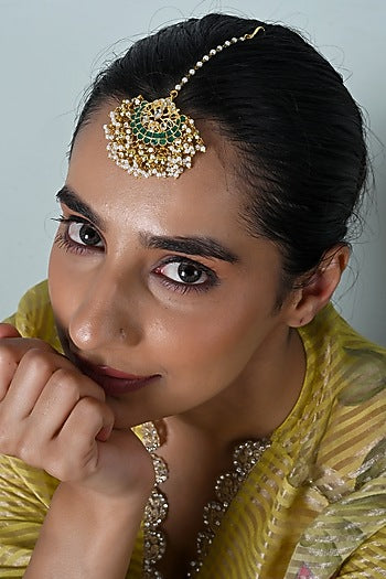 Gold Plated Green Jadau Kundan Polki Maangtikka
