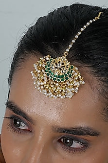 Gold Plated Green Jadau Kundan Polki Maangtikka