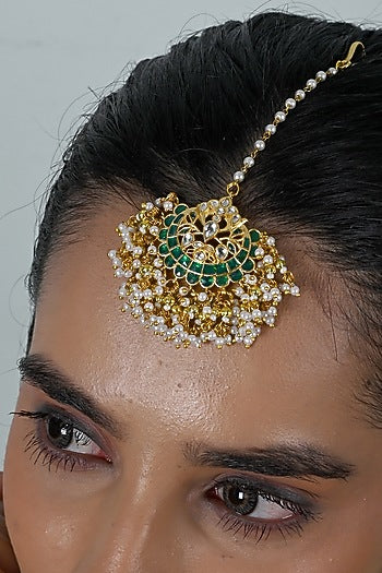 Gold Plated Green Jadau Kundan Polki Maangtikka