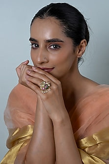 Gold Plated Jadau Multi-Colored Kundan Polki Ring