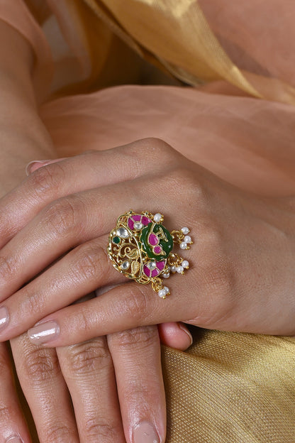 Gold Plated Jadau Multi-Colored Kundan Polki Ring