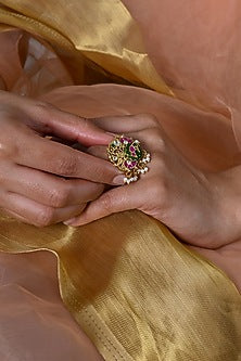 Gold Plated Jadau Multi-Colored Kundan Polki Ring