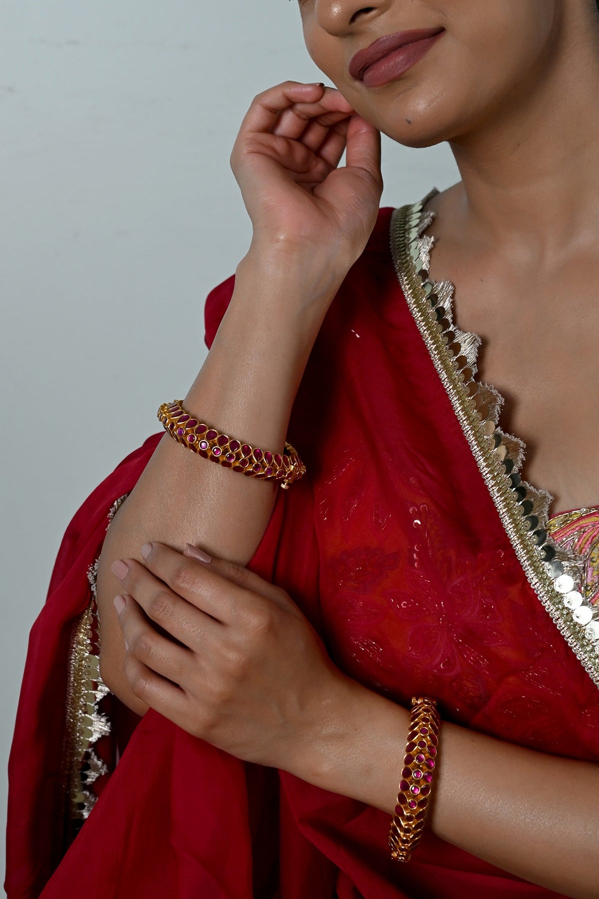 Gold Plated Pink Jadau Kundan Polki Bangles (Set Of 2)