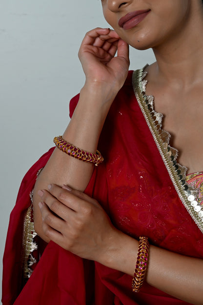 Gold Plated Pink Jadau Kundan Polki Bangles (Set Of 2)