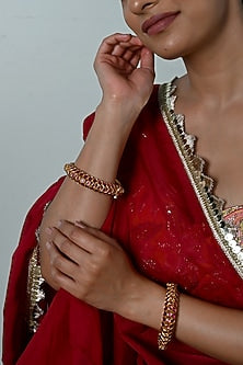Gold Plated Pink Jadau Kundan Polki Bangles (Set Of 2)