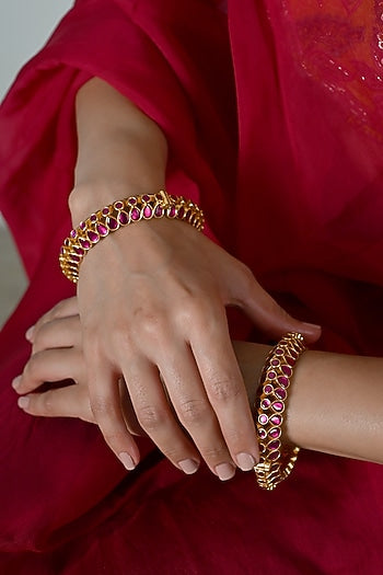 Gold Plated Pink Jadau Kundan Polki Bangles (Set Of 2)