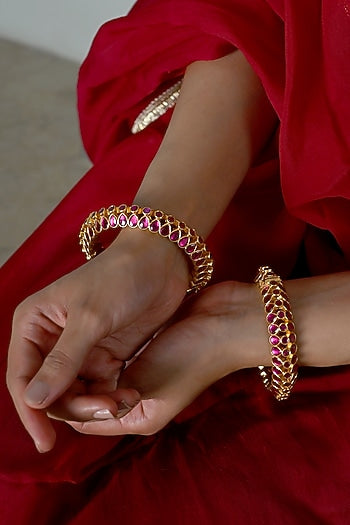 Gold Plated Pink Jadau Kundan Polki Bangles (Set Of 2)