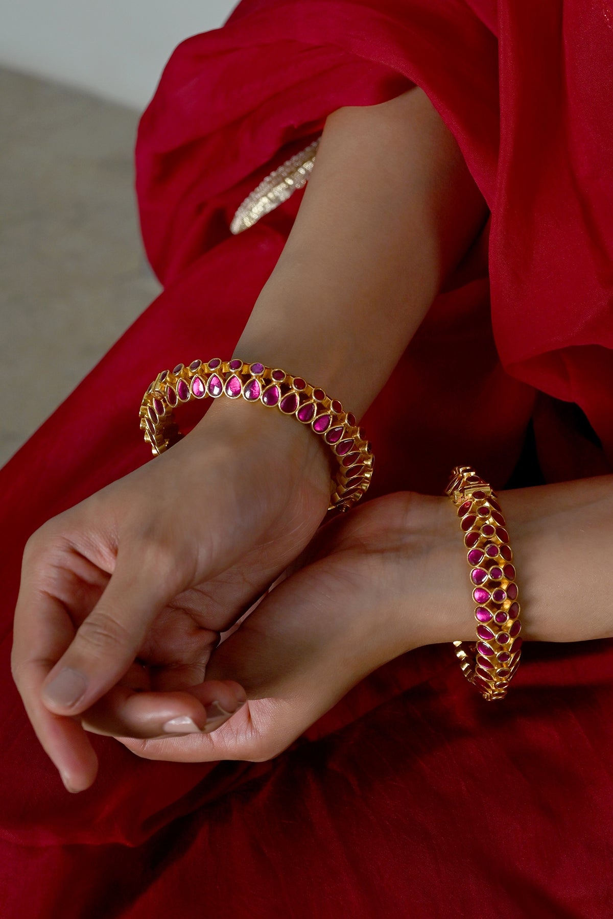 Gold Plated Pink Jadau Kundan Polki Bangles (Set Of 2)
