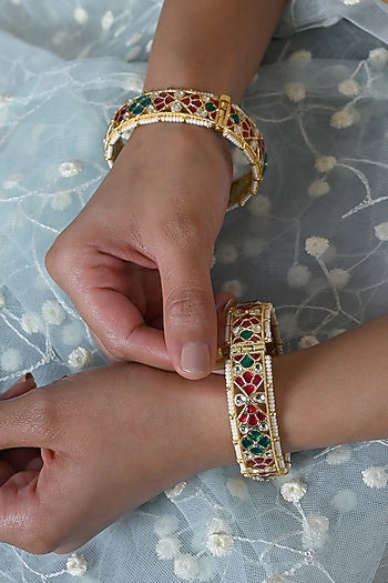 Gold Plated Multi-Colored Jadau Kundan Polki Bangles (Set Of 2)