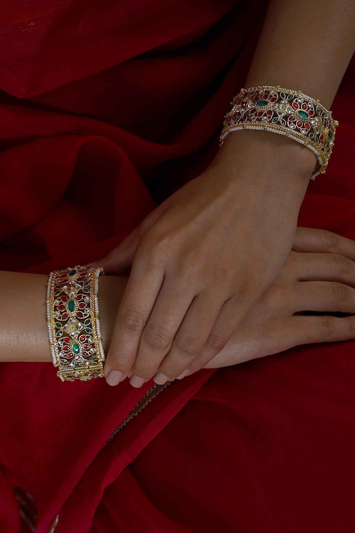 Gold Plated Multi-Colored Jadau Kundan Polki Bangles (Set Of 2)