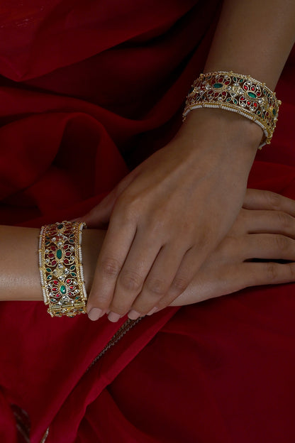Gold Plated Multi-Colored Jadau Kundan Polki Bangles (Set Of 2)