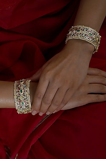 Gold Plated Multi-Colored Jadau Kundan Polki Bangles (Set Of 2)