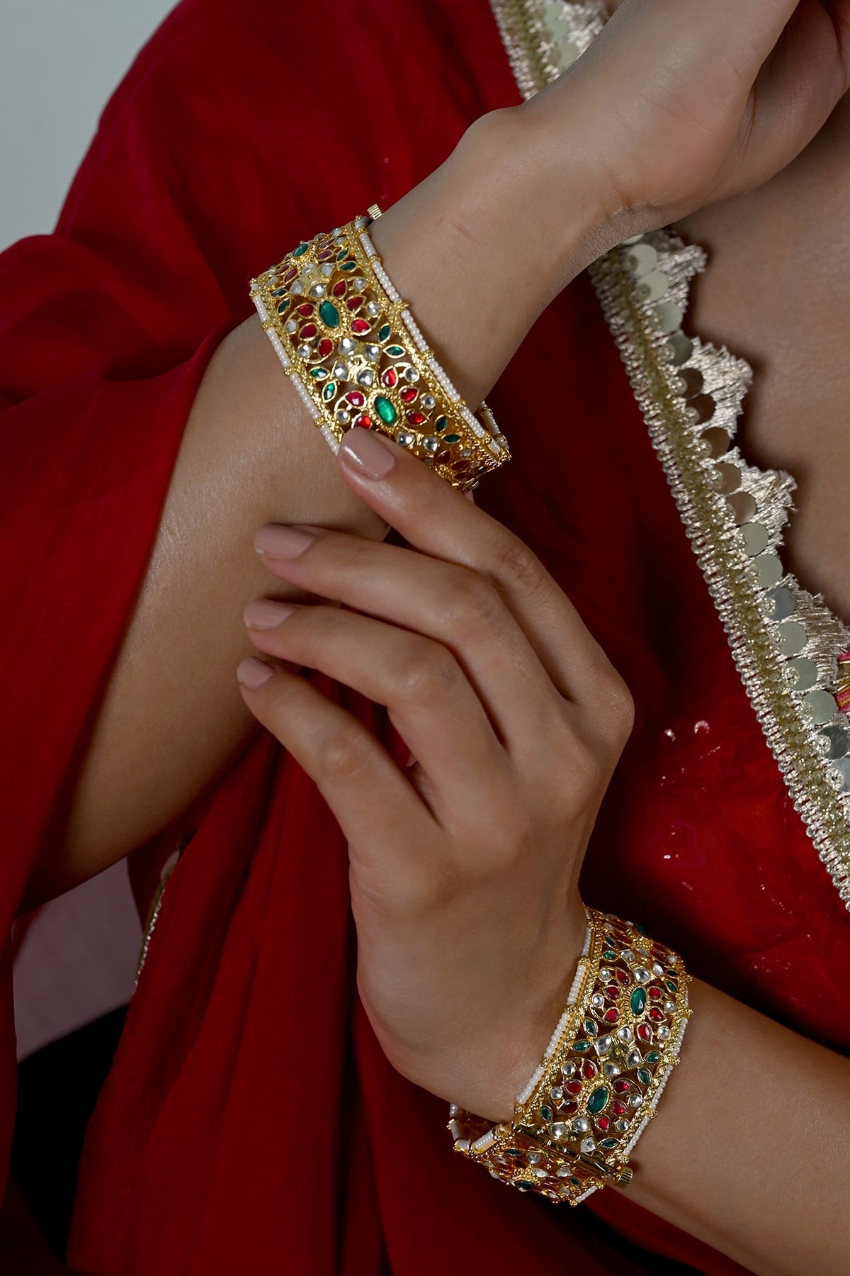 Gold Plated Multi-Colored Jadau Kundan Polki Bangles (Set Of 2)