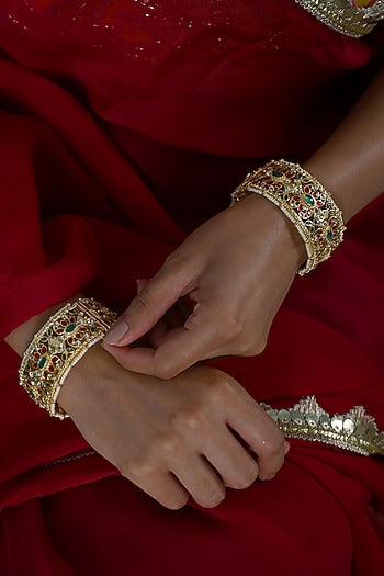 Gold Plated Multi-Colored Jadau Kundan Polki Bangles (Set Of 2)