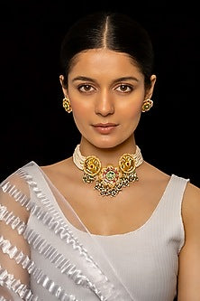 Gold Plated Kundan Polki & Semi-Precious Stone Choker Necklace Set