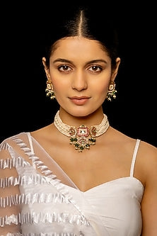 Gold Plated Kundan Polki & Semi-Precious Stone Choker Necklace Set