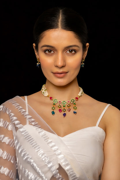 Gold Plated Kundan Polki & Semi-Precious Stone Choker Necklace Set
