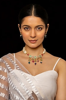 Gold Plated Kundan Polki & Semi-Precious Stone Choker Necklace Set