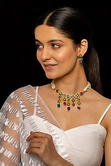 Gold Plated Kundan Polki & Semi-Precious Stone Choker Necklace Set