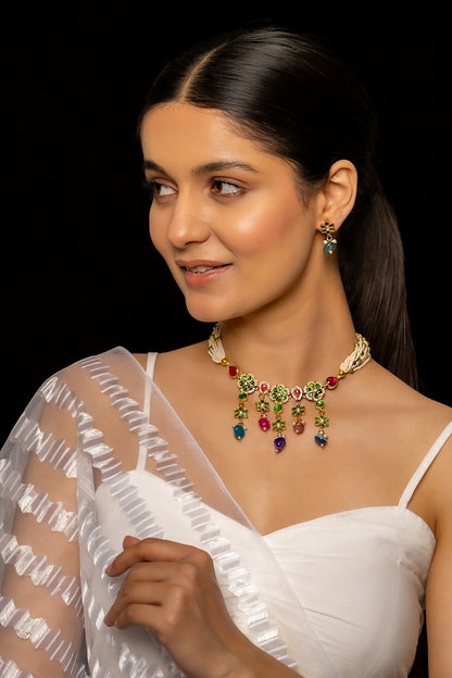 Gold Plated Kundan Polki & Semi-Precious Stone Choker Necklace Set