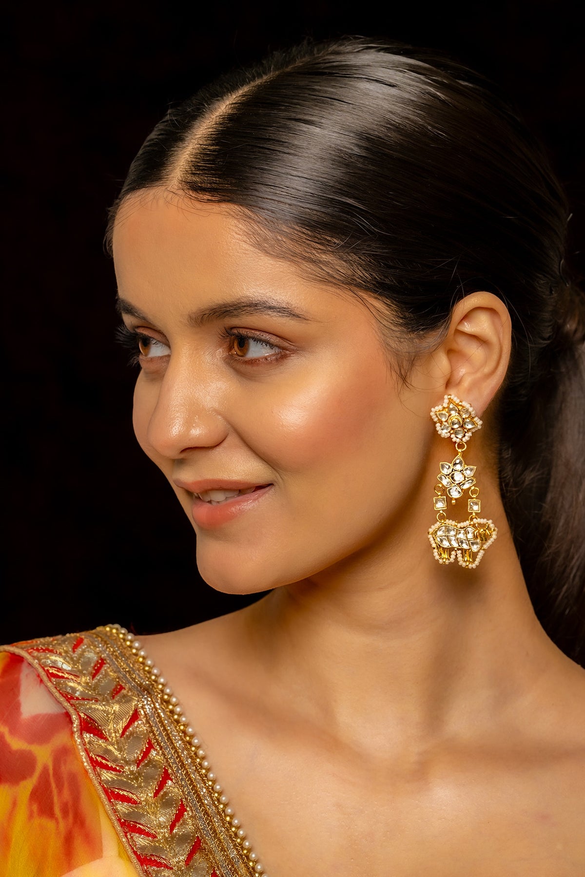 Gold Plated Kundan Polki & Semi-Precious Stone Dangler Earrings