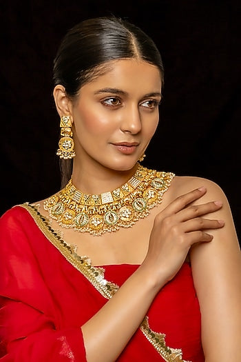 Gold Plated Kundan Polki & Semi-Precious Stone Necklace Set