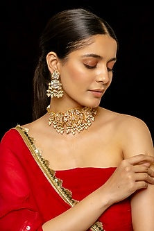 Gold Plated Kundan Polki & Semi-Precious Stone Choker Necklace Set