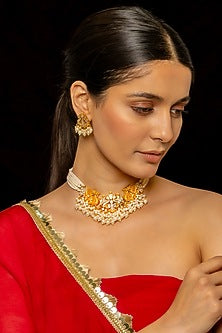 Gold Plated Kundan Polki & Semi-Precious Stone Choker Necklace Set