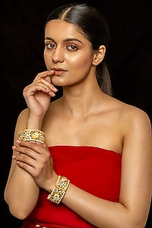 Gold Plated Kundan Polki & Semi-Precious Stone Bangles (Set of 2)