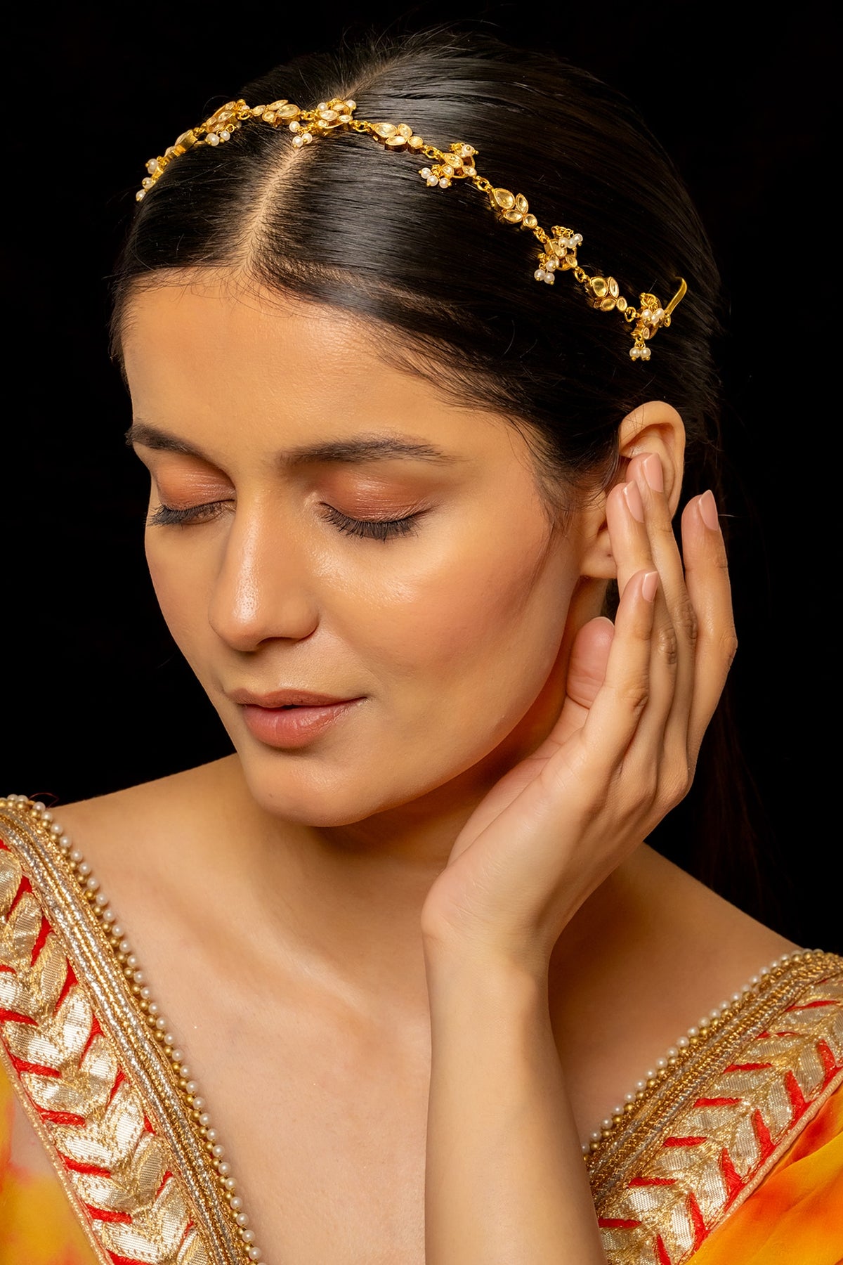 Gold Plated Kundan Polki & Semi-Precious Stone Headband