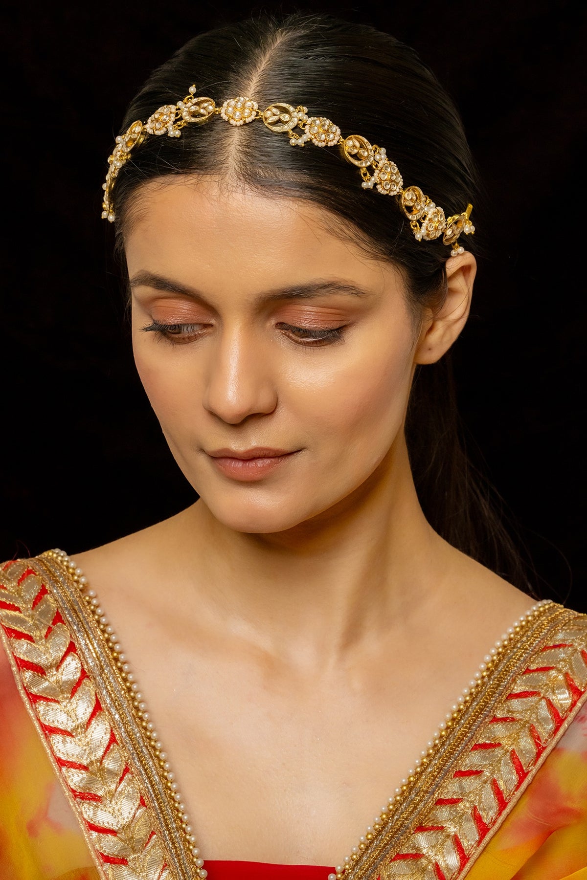 Gold Plated Kundan Polki & Semi-Precious Stone Headband