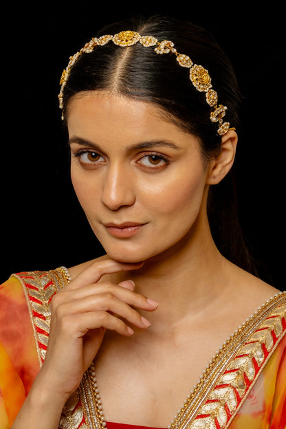Gold Plated Kundan Polki & Semi-Precious Stone Headband