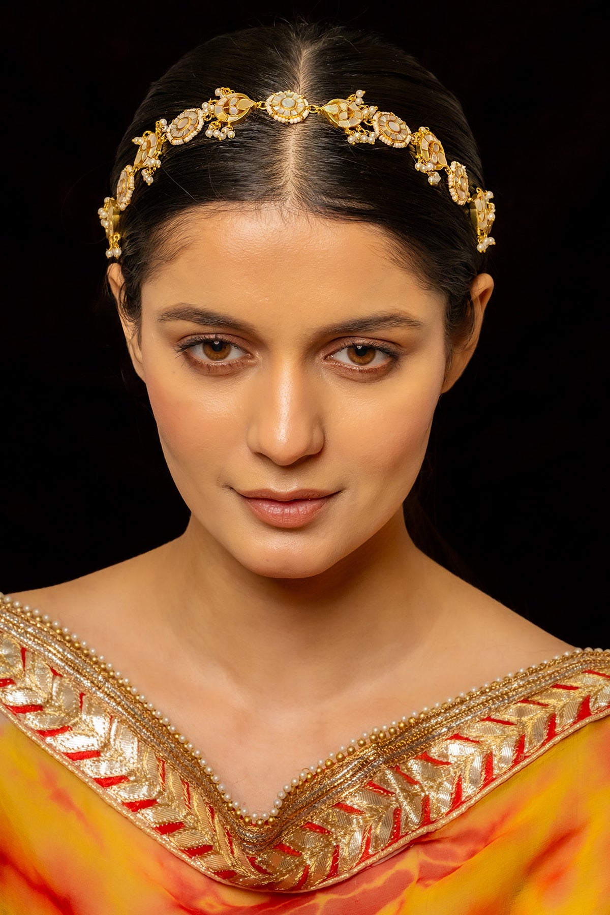 Gold Plated Kundan Polki & Semi-Precious Stone Headband
