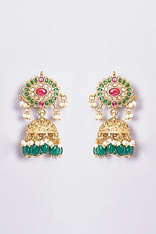 Gold Plated Semi Precious Stone Temple Jhumka Earrings