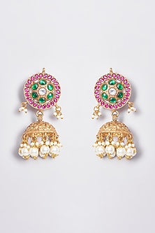 Gold Plated Semi Precious Stone Temple Floral Jhumka Earrings